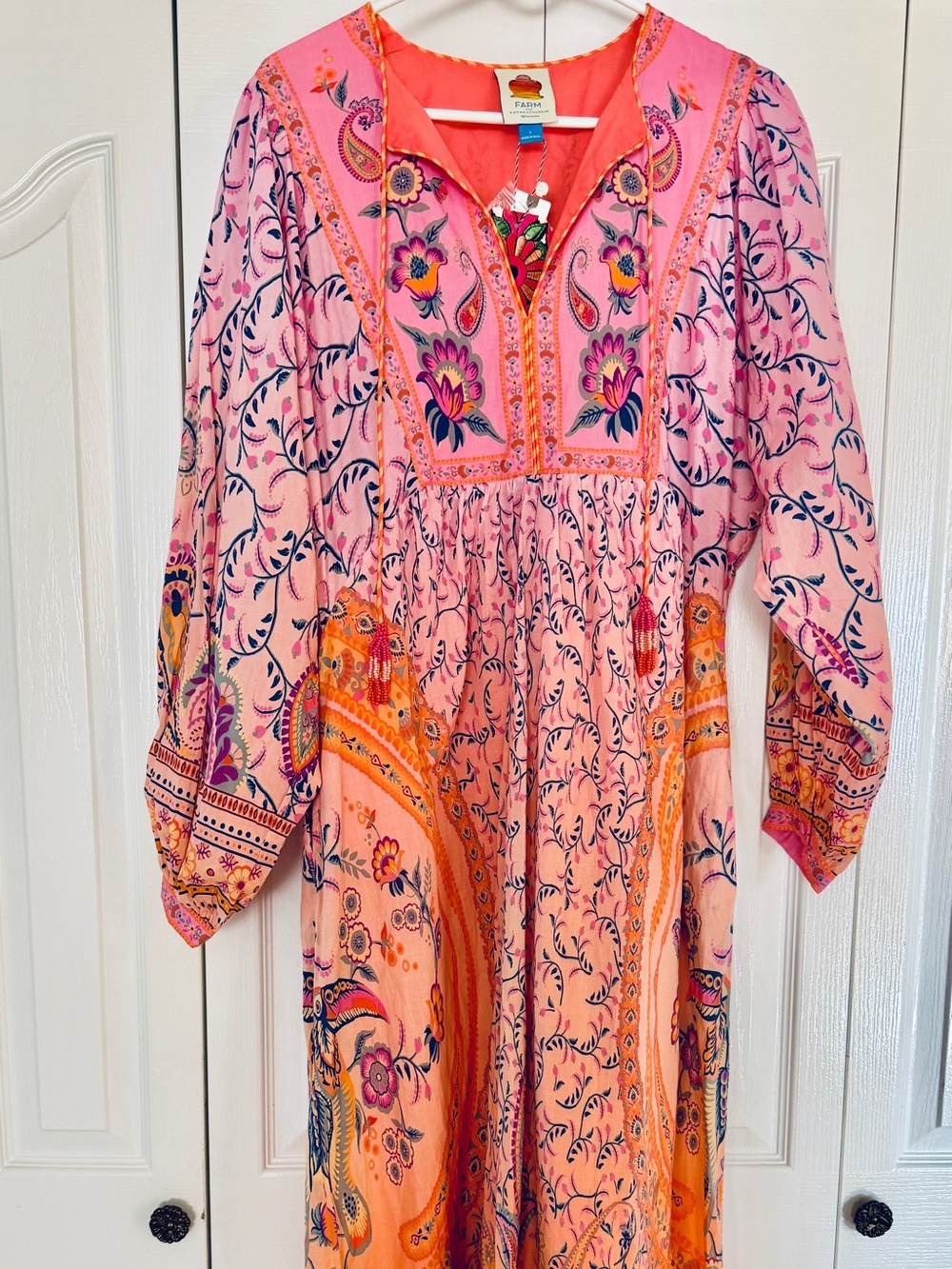 Anthropologie Pink & Orange Paisley-Print Embroidered Maxi Dress